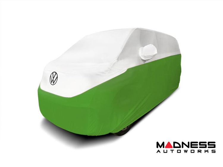 Volkswagen ID. Buzz Custom Fit Vehicle Cover - Satin Stretch - White And Synergy Green + Rear Passenger Charger Port Flap